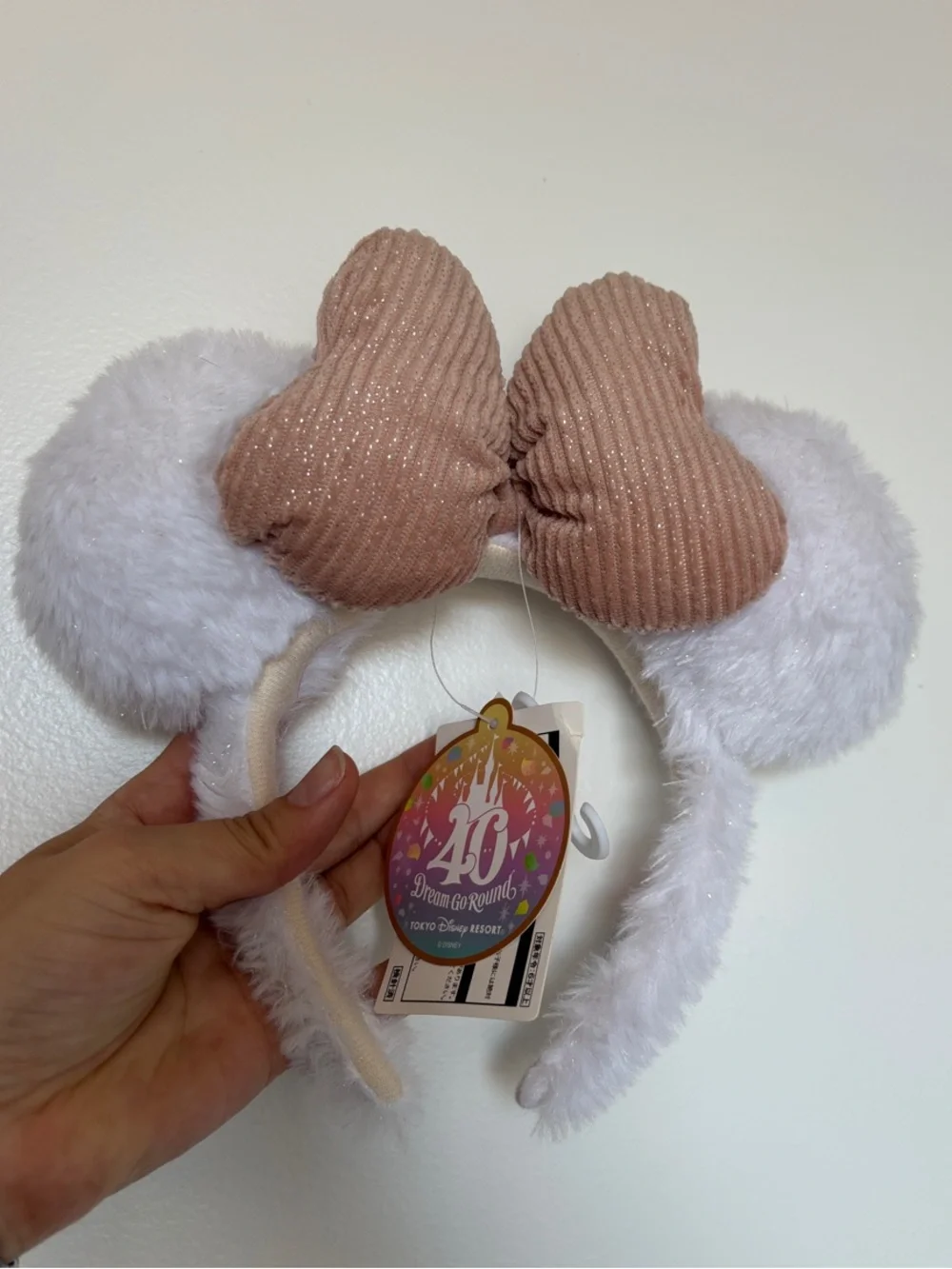 Disney White Fuzzy Minnie Ear Headband with Shimmery Blush Pink Bow